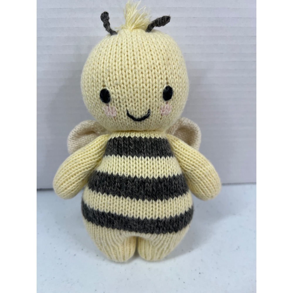 Cuddle + Kind Bee Handmade Knit Plush Toy Cream Grey Striped 7 Inch Peru